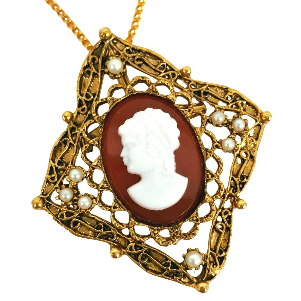VTG Cameo Filigree Brooch Pendant Necklace Faux Pearl 60s 70s Victorian Revival